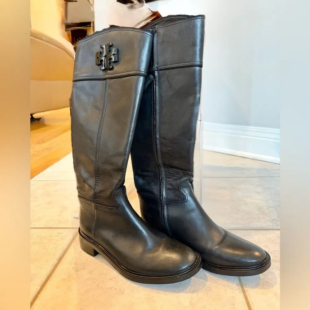 Tory Burch Lowell 2 Black Leather Logo Tall Riding Boots 50869 Size 6M Designer
